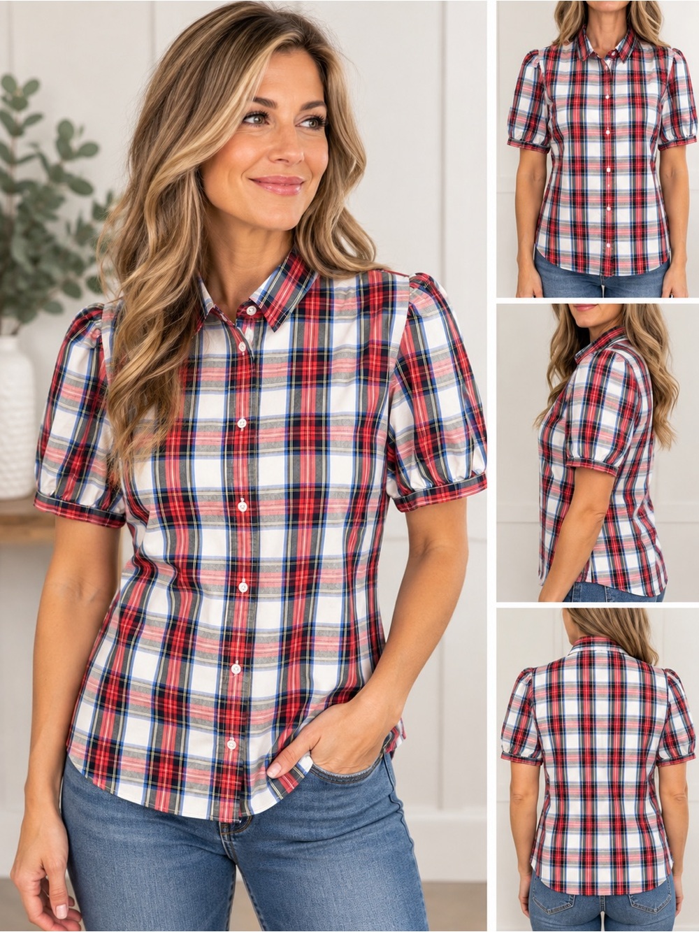 J.Crew Factory Plaid Holiday Puff Sleeve Blouse Size Large 100% Cotton